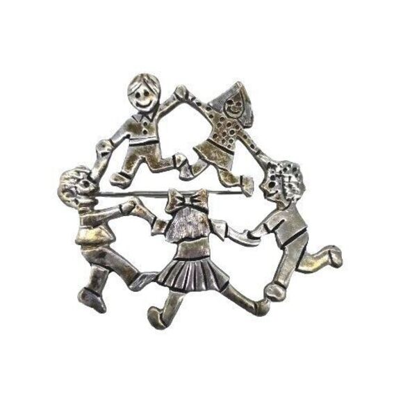 EFS Jewelry - Vintage EFS Sterling Silver 925 Circle Of Kids Children Holding Hands Brooch Pin